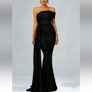 Luxe black one shoulder draped party formal evening gown dress